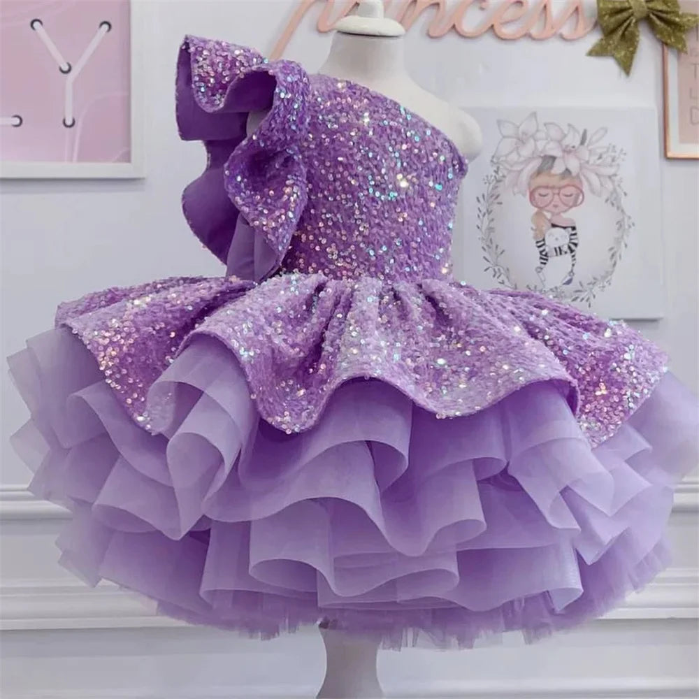 Shiny Sequins Lavender Flower Girl Dress For Wedding One Shoulder Ruffles Knee Length Lovely Princess Birthday Gown Customized