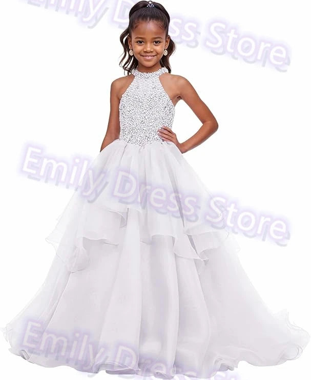 Customized Purple Flower Girl Dress For Wedding Beaded Shining Puffy Ruffles Pageant Kids Baby Birthday First Communion Gown