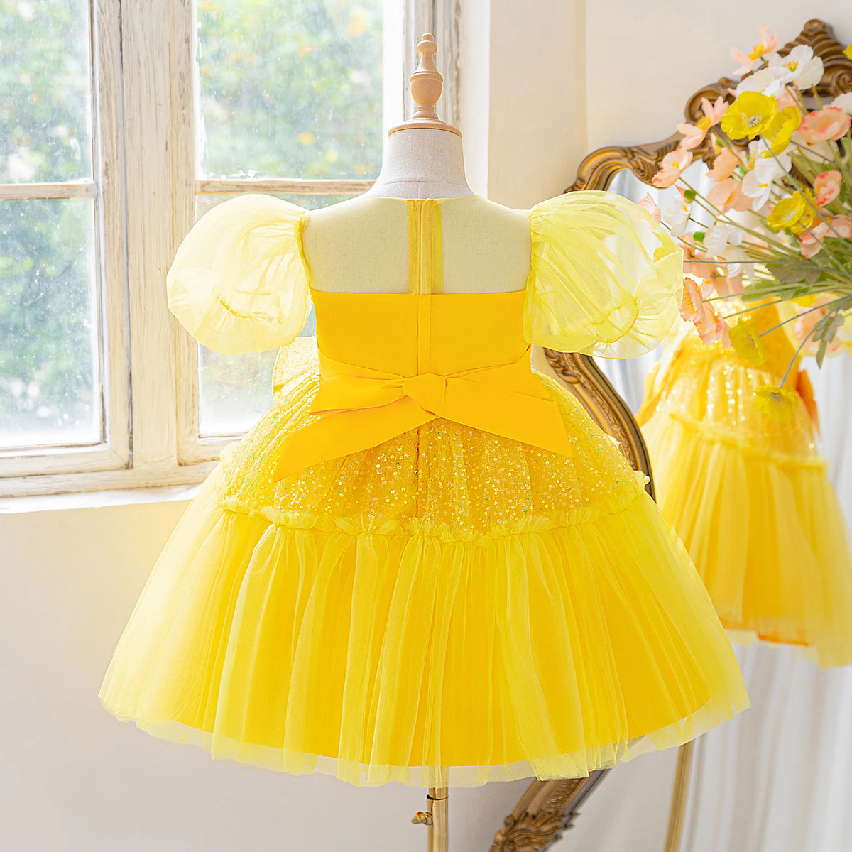 Orange puff sleeve dress for girls sequined princess dress elegant dress for birthday party piano concert wedding