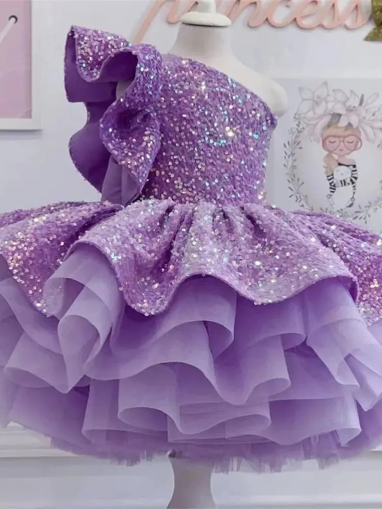 Shiny Sequins Lavender Flower Girl Dress For Wedding One Shoulder Ruffles Knee Length Lovely Princess Birthday Gown Customized