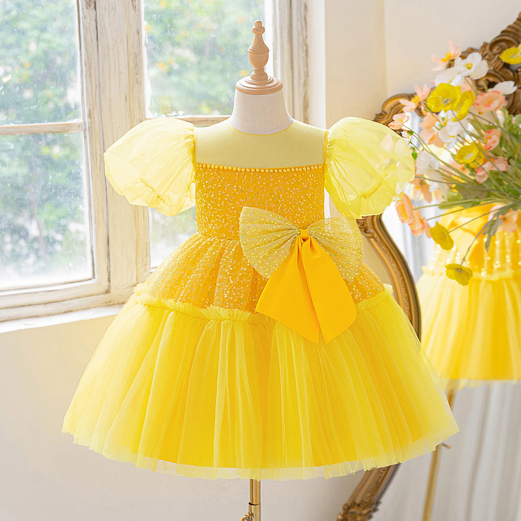 Orange puff sleeve dress for girls sequined princess dress elegant dress for birthday party piano concert wedding