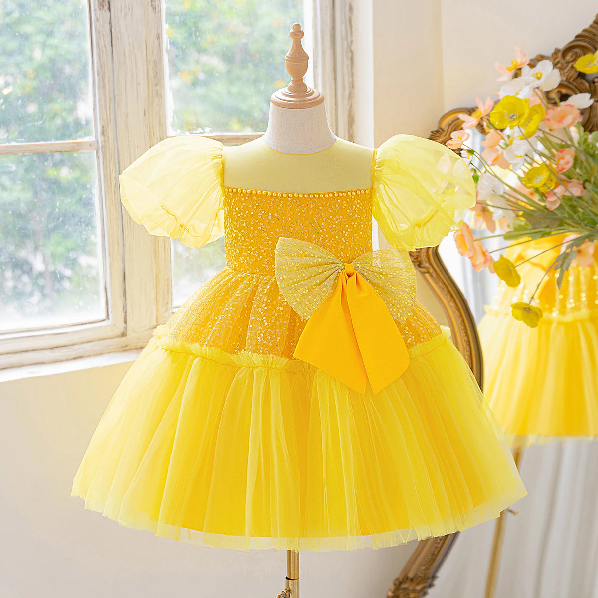 Orange puff sleeve dress for girls sequined princess dress elegant dress for birthday party piano concert wedding