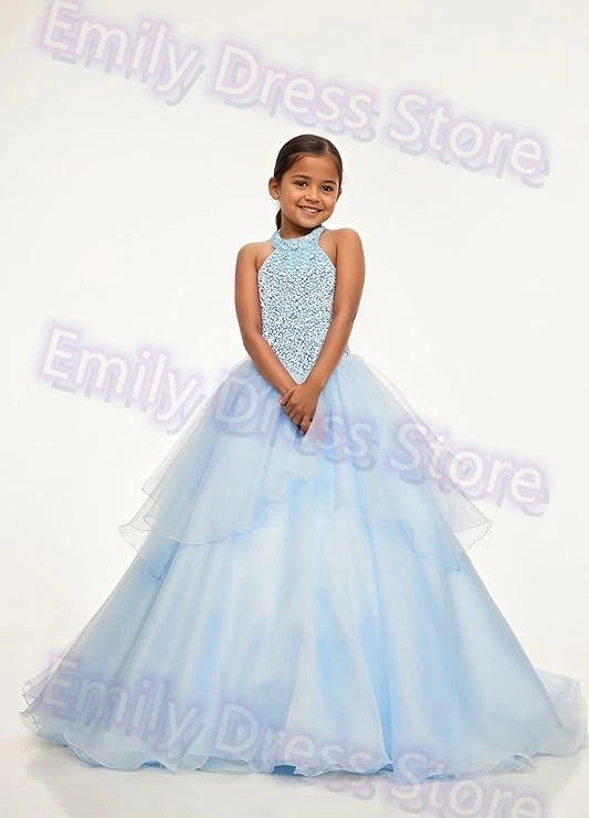 Customized Purple Flower Girl Dress For Wedding Beaded Shining Puffy Ruffles Pageant Kids Baby Birthday First Communion Gown
