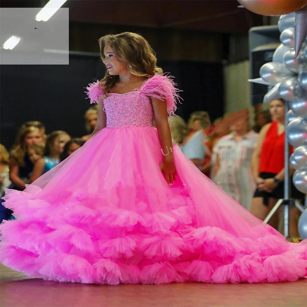 Pink Flower Girl Dress for Wedding Puffy Feather Beaded Elegant Kids Pageant Birthday Party First Communion Gown Customized