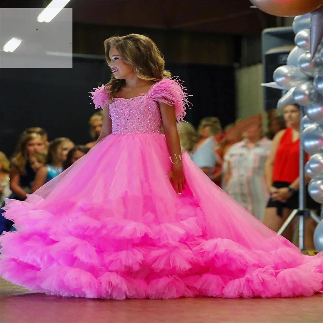 Pink Flower Girl Dress for Wedding Puffy Feather Beaded Elegant Kids Pageant Birthday Party First Communion Gown Customized