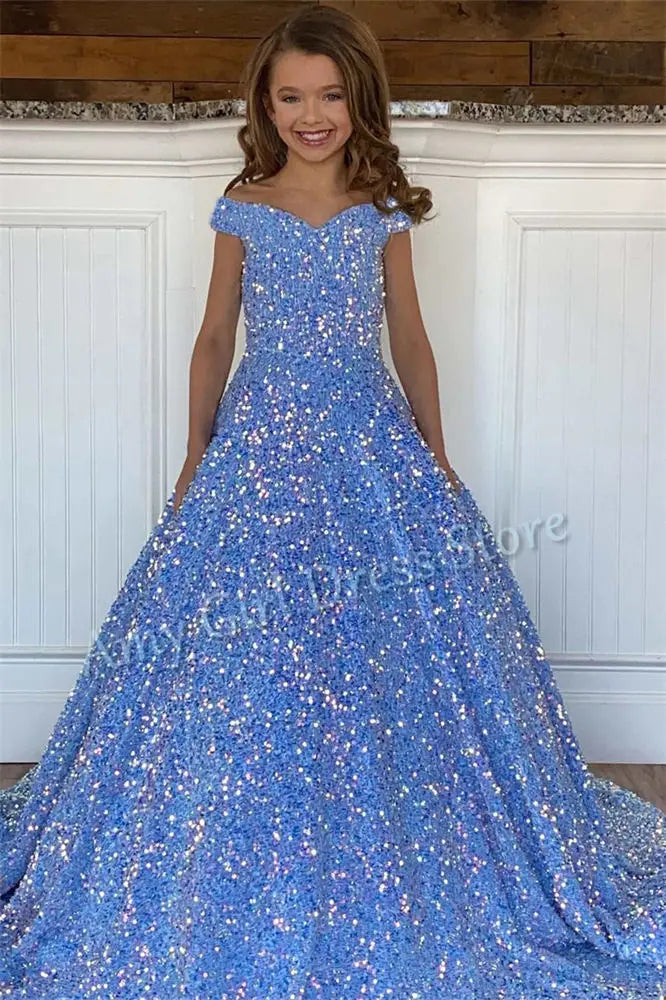 Luxury Shiny Sequins Flower Girl Dress For Wedding Satin Floor Length Princess Evening Party Pageant Birthday Gown Customized