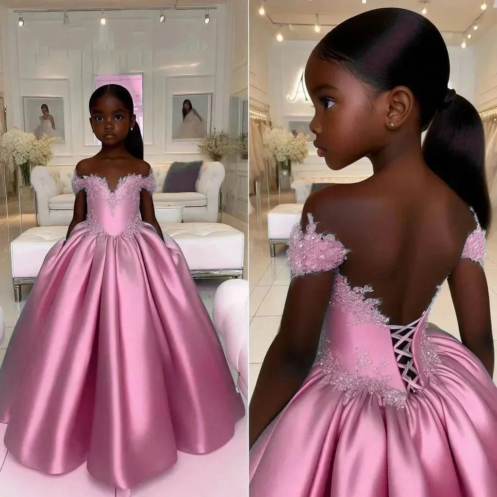 Satin Customized Flower Girl Dress For Wedding Off Shoulder Lace Appliqué With Corset Back Design Birthday First Communion Gown
