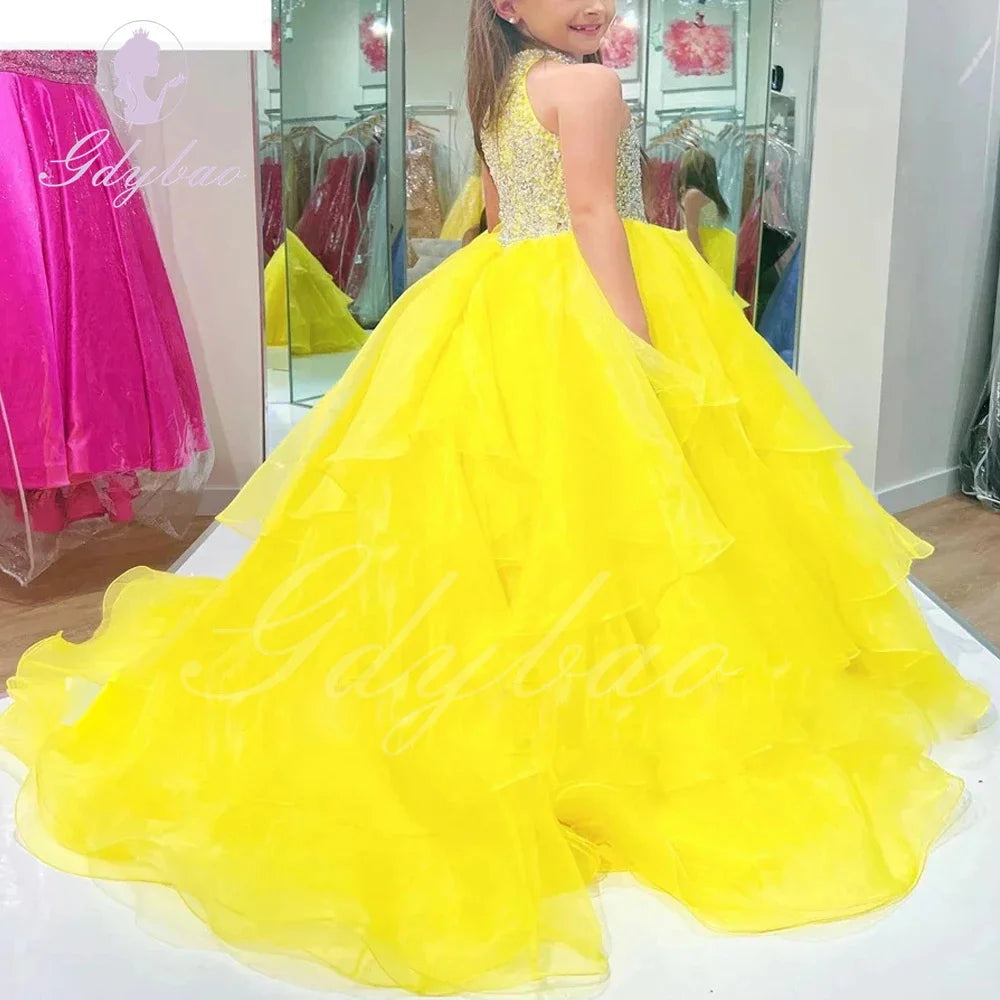 Customized Orange Flower Girl Dresses For Wedding Sleeveless Pearls Floor Length Birthday Party First Communion Ball Gown