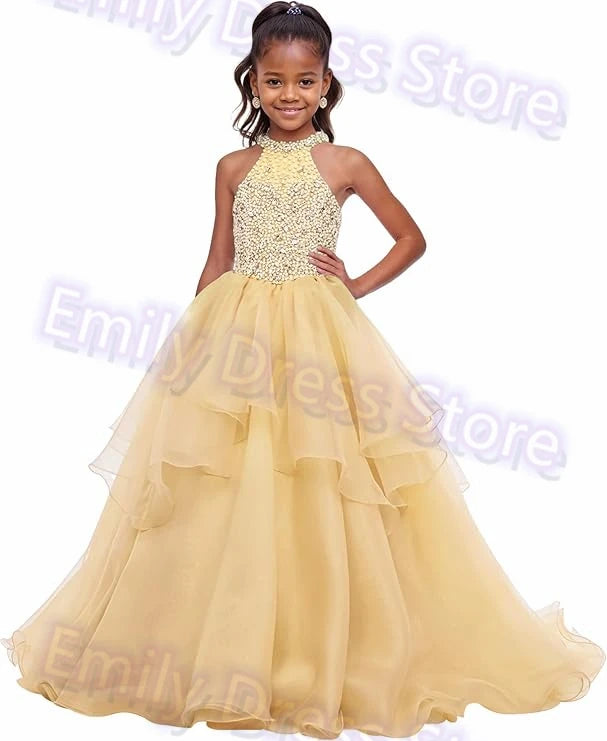 Customized Purple Flower Girl Dress For Wedding Beaded Shining Puffy Ruffles Pageant Kids Baby Birthday First Communion Gown