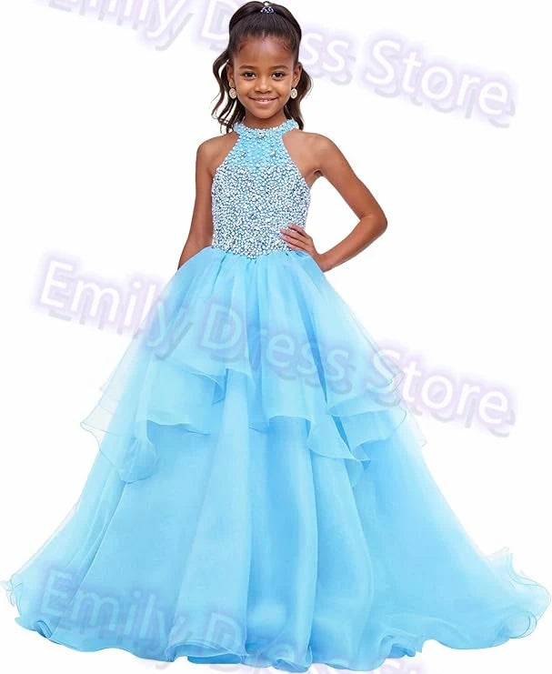 Customized Purple Flower Girl Dress For Wedding Beaded Shining Puffy Ruffles Pageant Kids Baby Birthday First Communion Gown