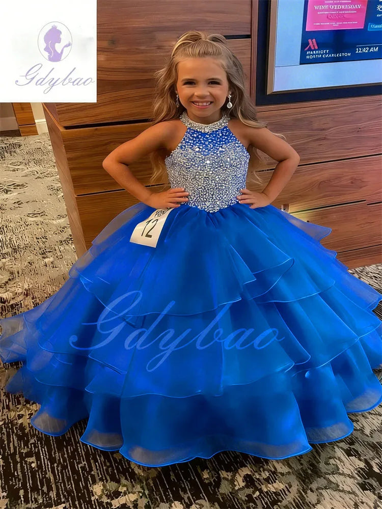 Customized Orange Flower Girl Dresses For Wedding Sleeveless Pearls Floor Length Birthday Party First Communion Ball Gown