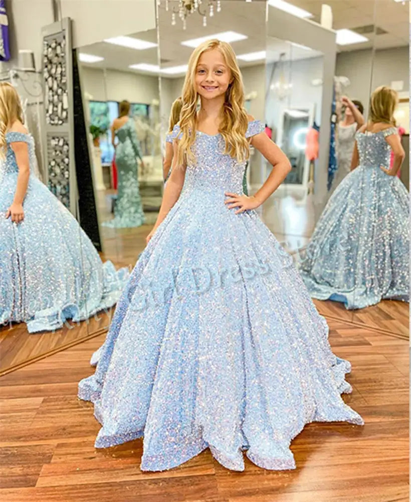 Luxury Shiny Sequins Flower Girl Dress For Wedding Satin Floor Length Princess Evening Party Pageant Birthday Gown Customized