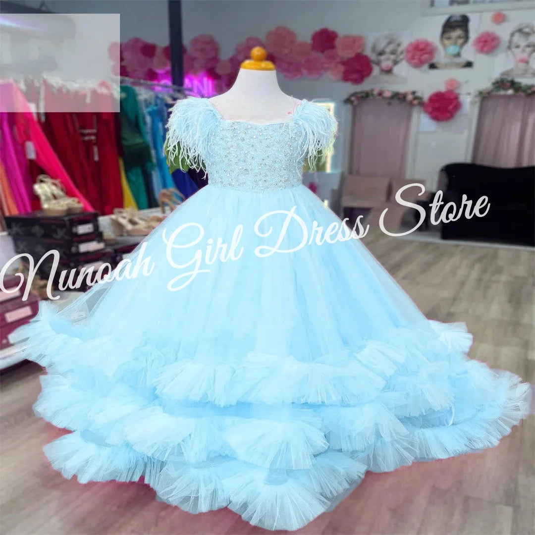 Pink Flower Girl Dress for Wedding Puffy Feather Beaded Elegant Kids Pageant Birthday Party First Communion Gown Customized