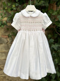 Summer Girl Handmade Flower Embroidery Pink Bow White Smoked Dress For Casual Party Birthday Wedding Photography A442