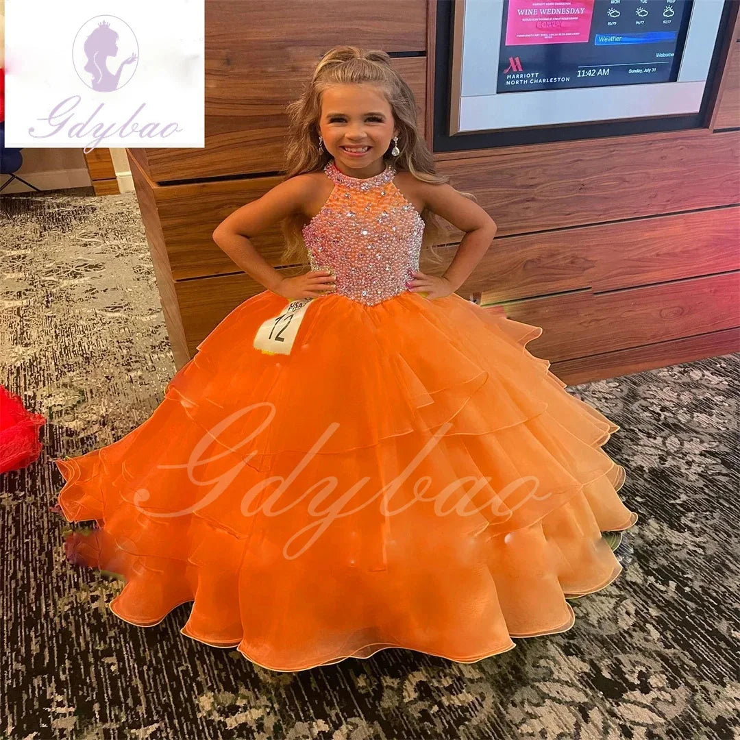Customized Orange Flower Girl Dresses For Wedding Sleeveless Pearls Floor Length Birthday Party First Communion Ball Gown