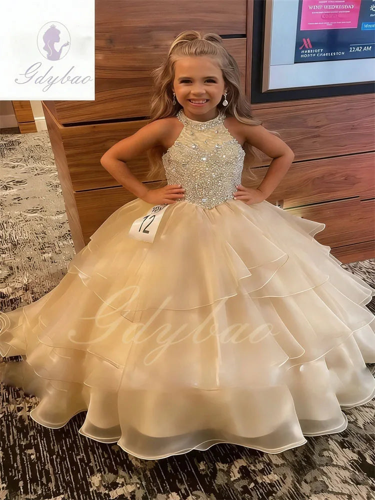Customized Orange Flower Girl Dresses For Wedding Sleeveless Pearls Floor Length Birthday Party First Communion Ball Gown