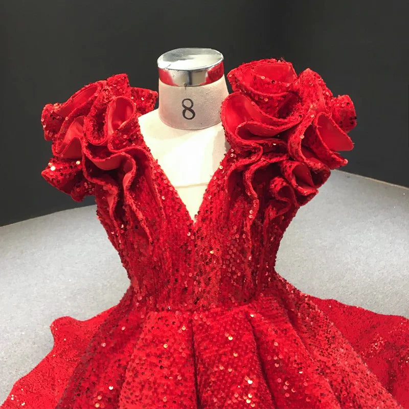 Shining Red Flower Girl Dresses for Wedding Sequins Ruffles Puffy Girl Kids Birthday Party First Holy Communion Gowns Customized