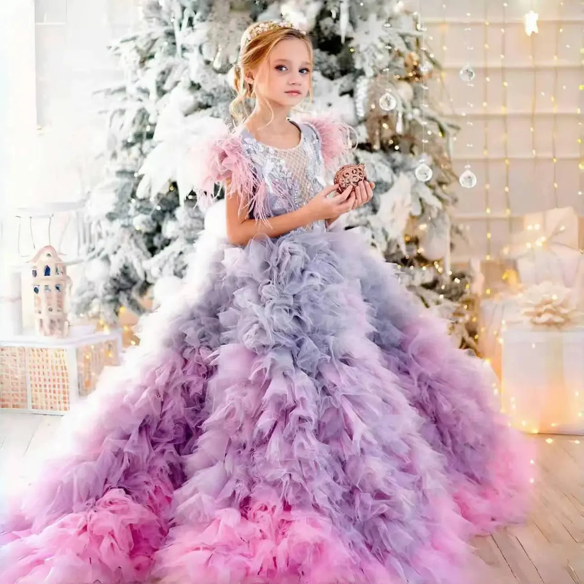Luxury Flower Girl Dress Applique Feathers Beading Princess Prom Ball Gown for Kids Wedding Birthday Communion Party Quinceañera