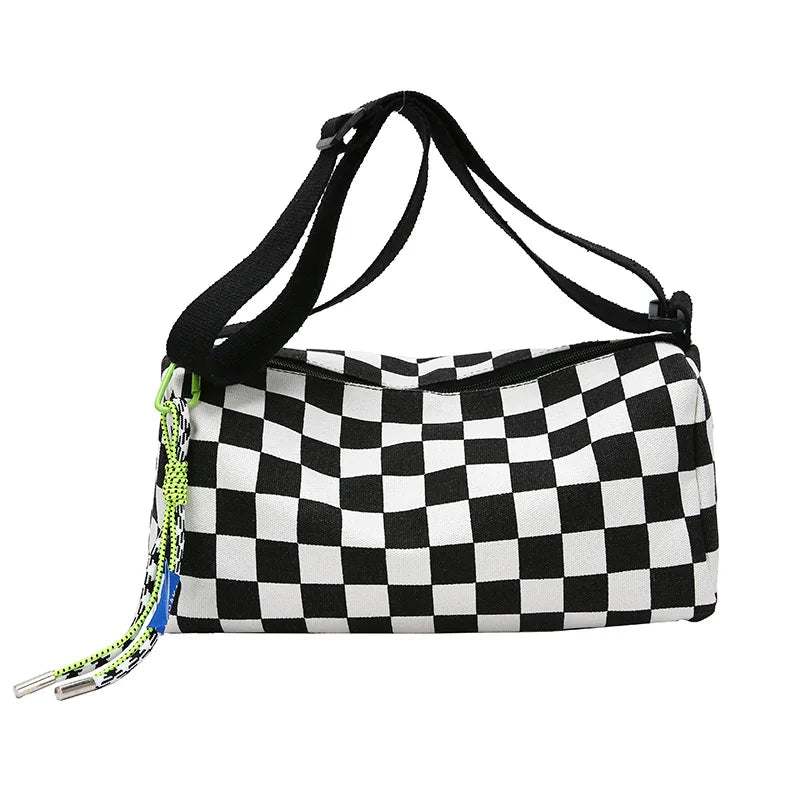 Trendy Black & White Checkerboard Crossbody Bag with Pendant, Casual Y2K Style Canvas Shoulder Purse for Women's Everyday Wear