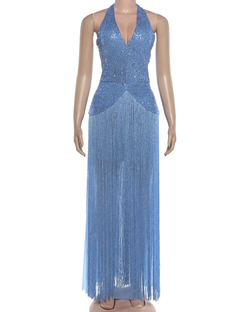 Sisterlinda Backless Dress Woman Sequin Patchwork Halter Low-Neck Tassel Decoration Hem Midnight Prom Party Elegant Vestidos