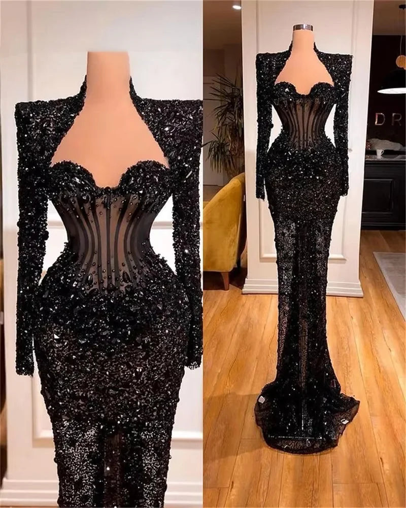 Black Evening Dresses Luxury Mermaid Beads Rhinestone Long Sleeve Formal Prom Birthday Party Gowns for Wedding Customized