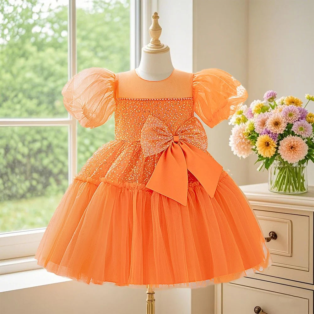 Orange puff sleeve dress for girls sequined princess dress elegant dress for birthday party piano concert wedding