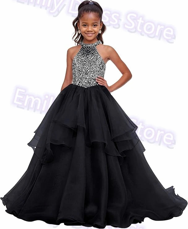 Customized Purple Flower Girl Dress For Wedding Beaded Shining Puffy Ruffles Pageant Kids Baby Birthday First Communion Gown