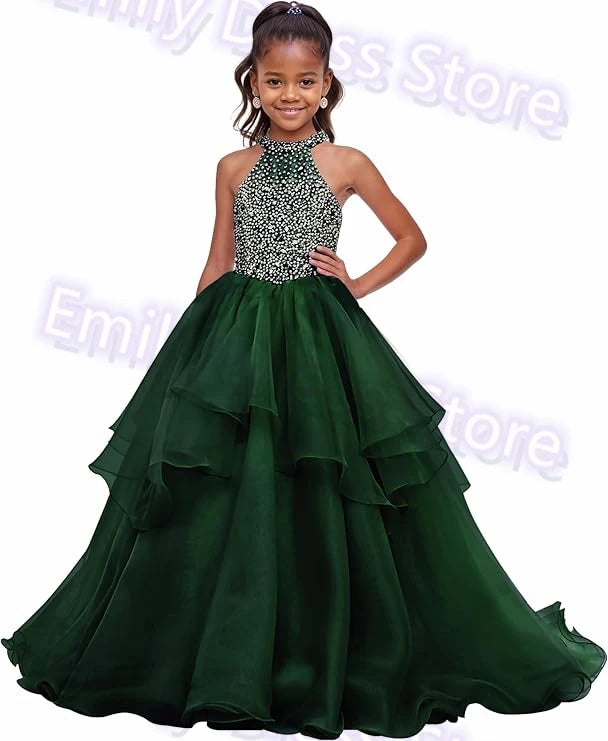 Customized Purple Flower Girl Dress For Wedding Beaded Shining Puffy Ruffles Pageant Kids Baby Birthday First Communion Gown