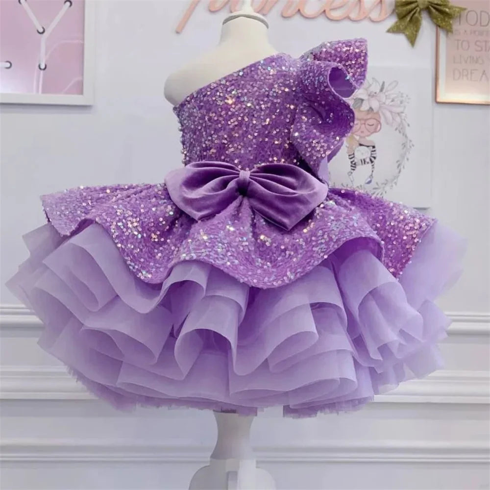Shiny Sequins Lavender Flower Girl Dress For Wedding One Shoulder Ruffles Knee Length Lovely Princess Birthday Gown Customized