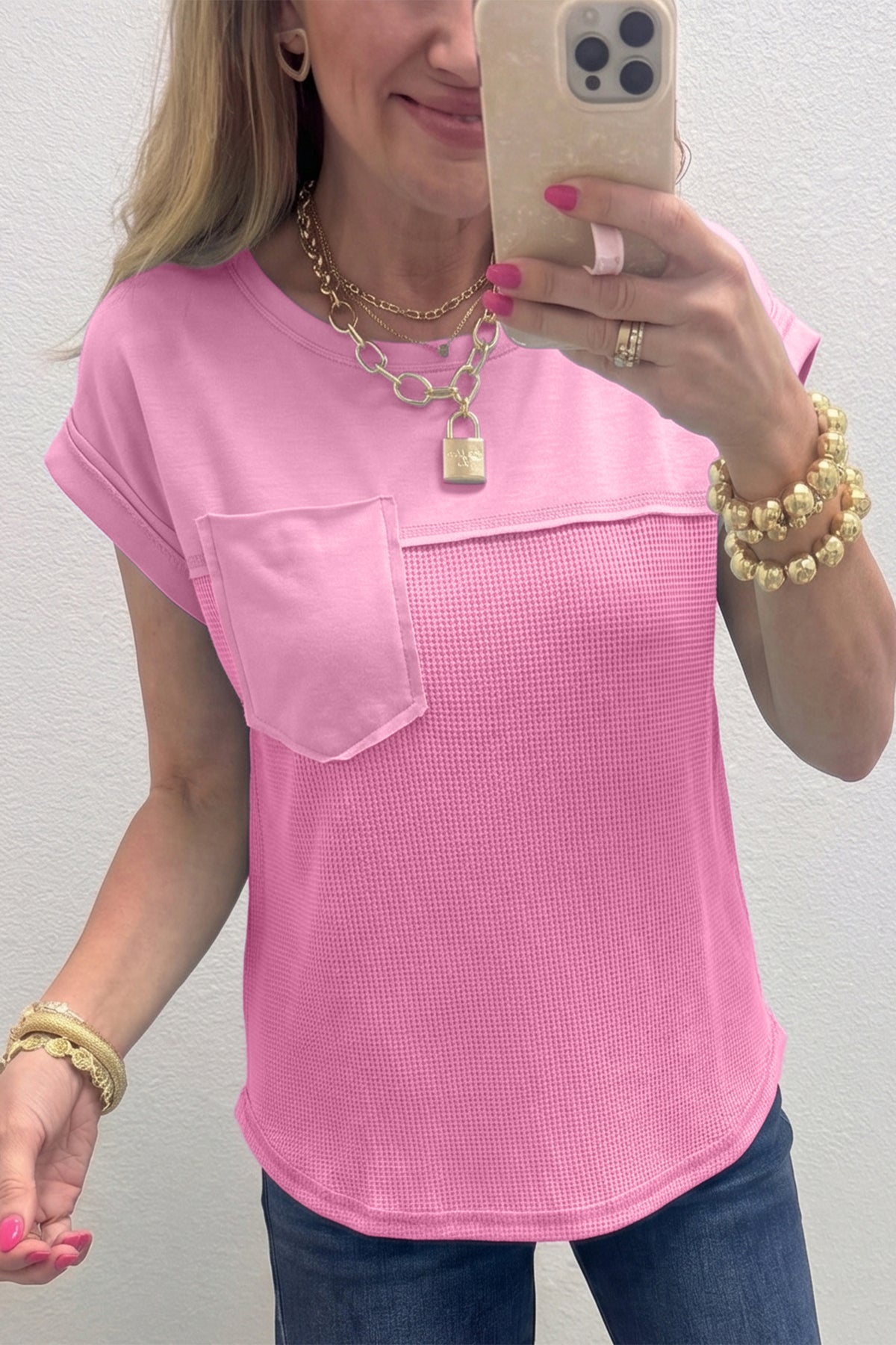 Pink Solid Patchwork Casual T Shirt