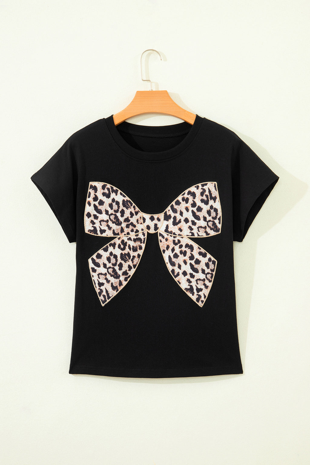 Pink Leopard Bow Embroidered Cotton Round Neck T Shirt
