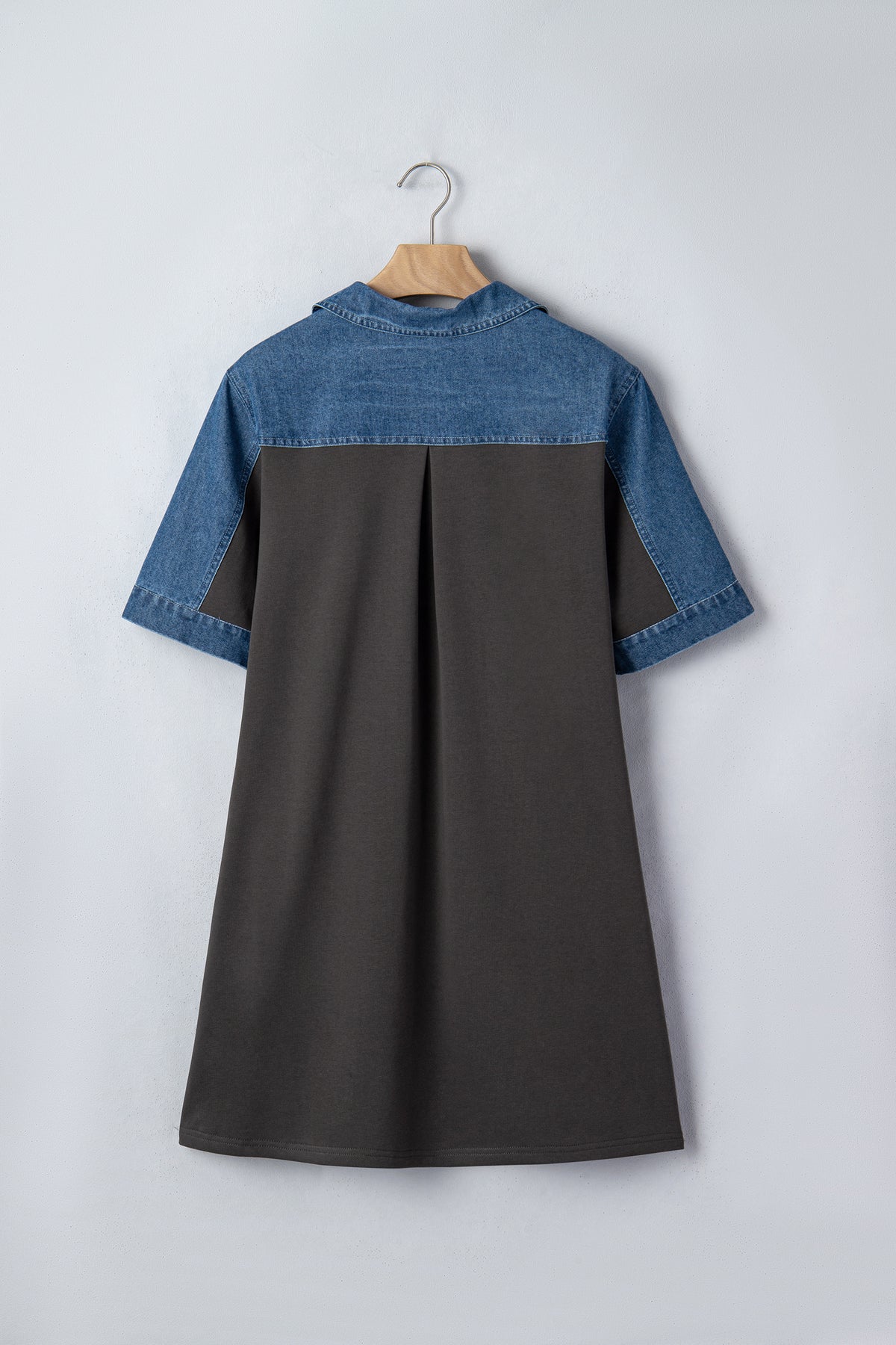 Carbon Grey Color Block Denim Patchwork Polo Collar T Shirt Shift Dress