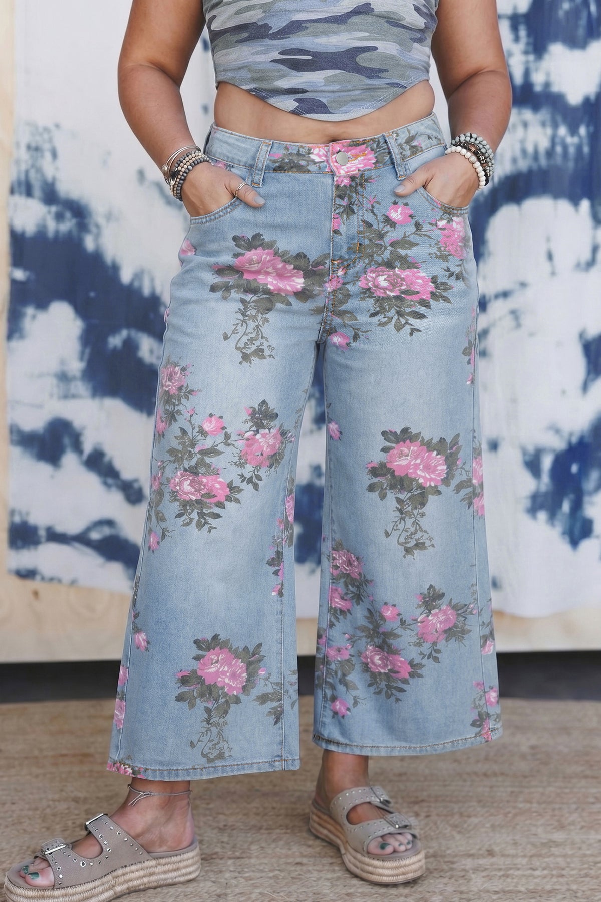 Sky Blue Plus Size Floral Print Loose Jeans