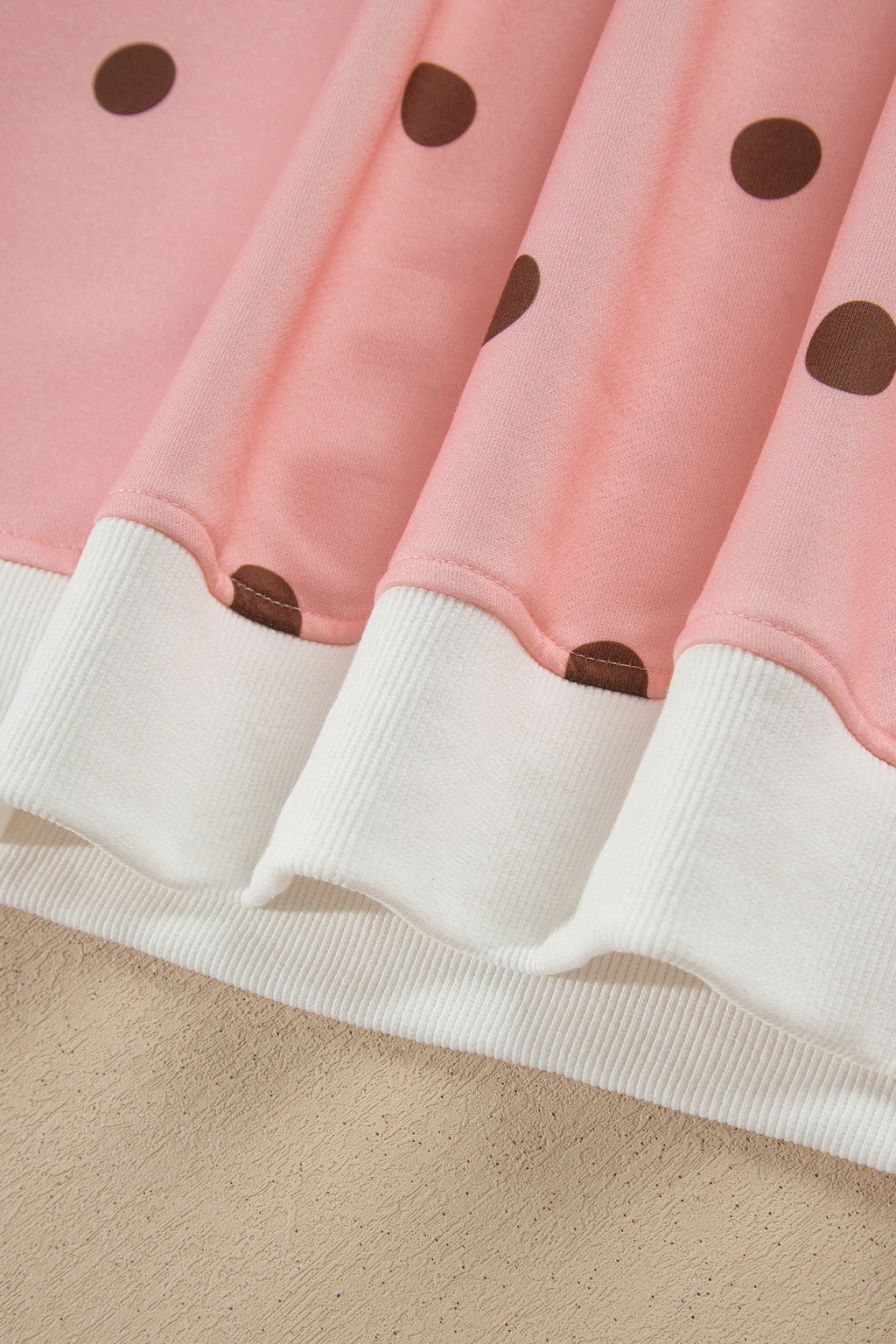 Brown Polka Dot Ribbed Trim Long Sleeve Top Casual Short Set