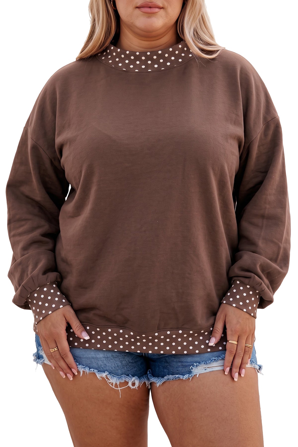 Tillandsia Purple Polka Dot Patchwork Round Neck Plus Size Sweatshirt