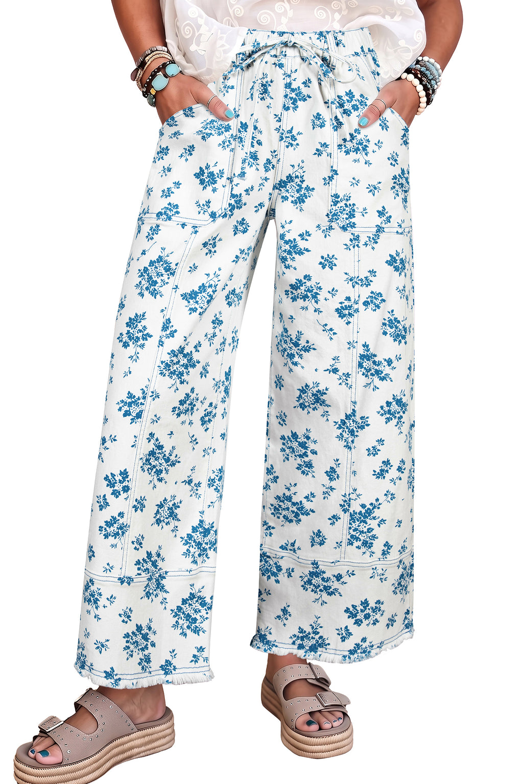 Sky Blue Floral Print Straight Leg Jeans