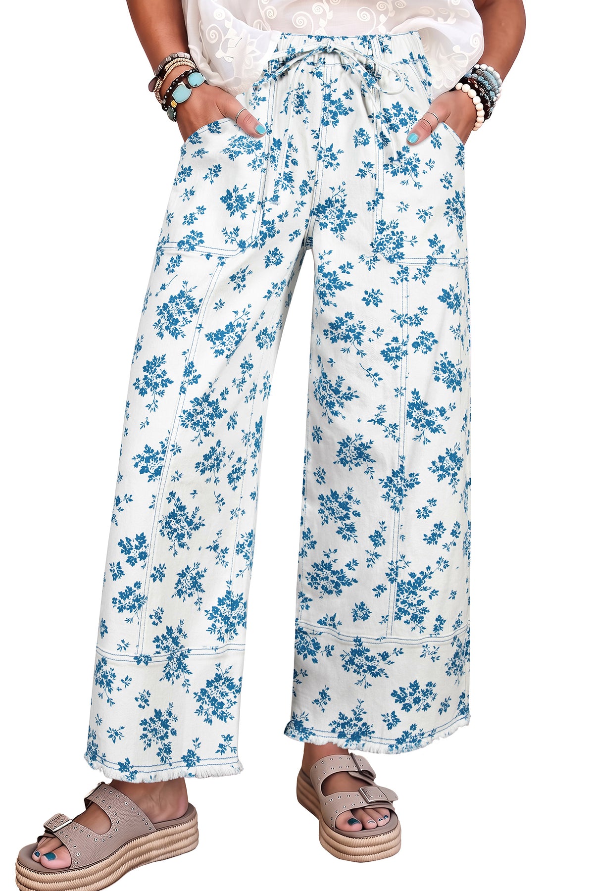Sky Blue Floral Print Straight Leg Jeans