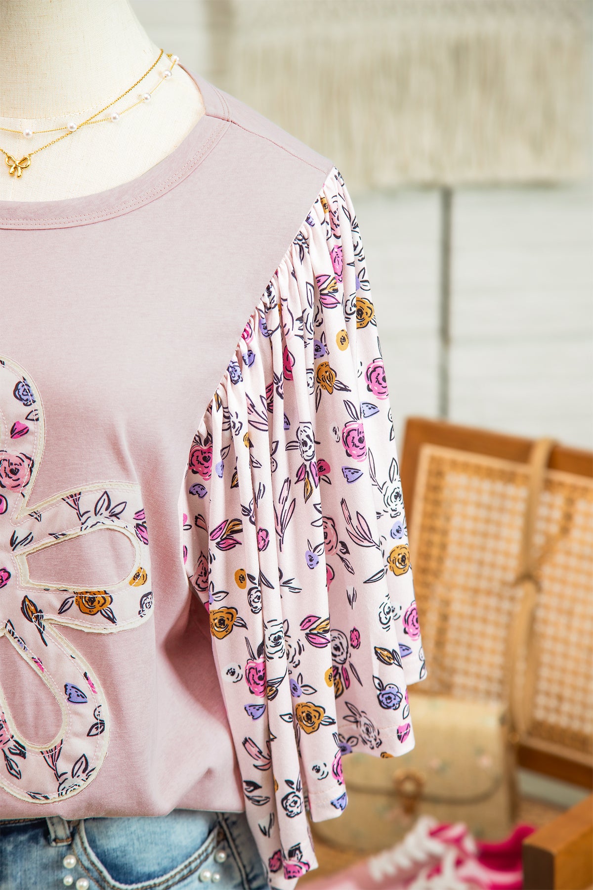 Pink Contrast Floral Half Sleeve Blouse