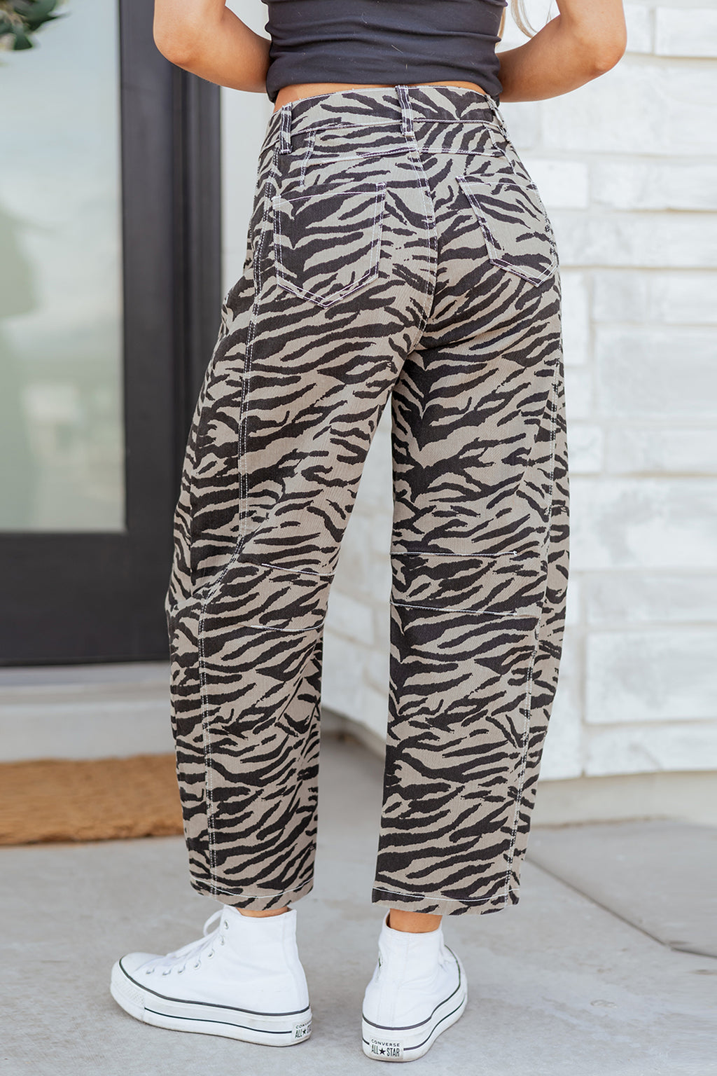 Zebra Printed Wide Leg Barrel Jeans