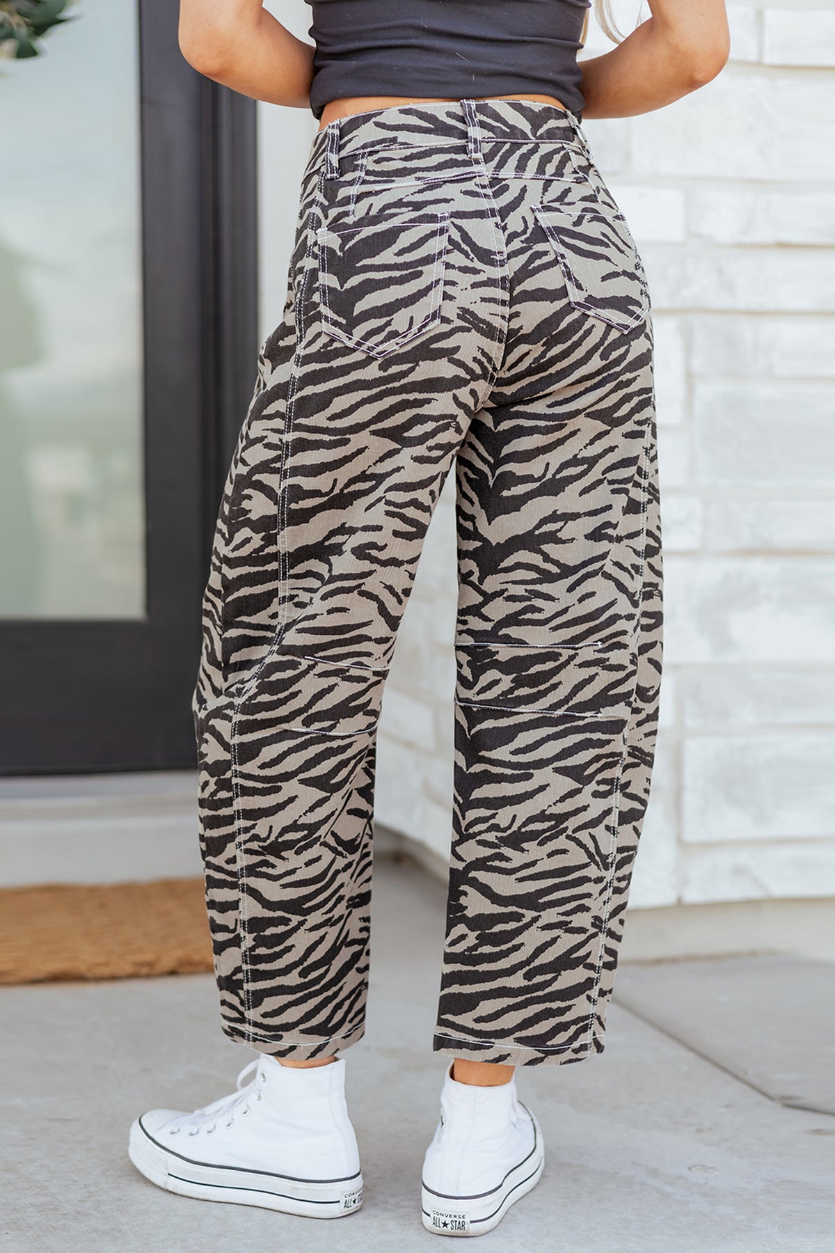 Zebra Printed Wide Leg Barrel Jeans