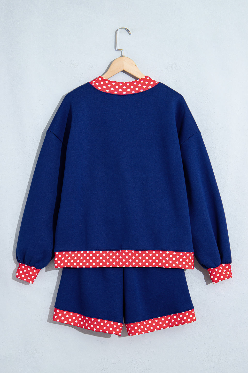 Navy Blue Polka Dot Trim Baggy Pullover 2pcs Short Set