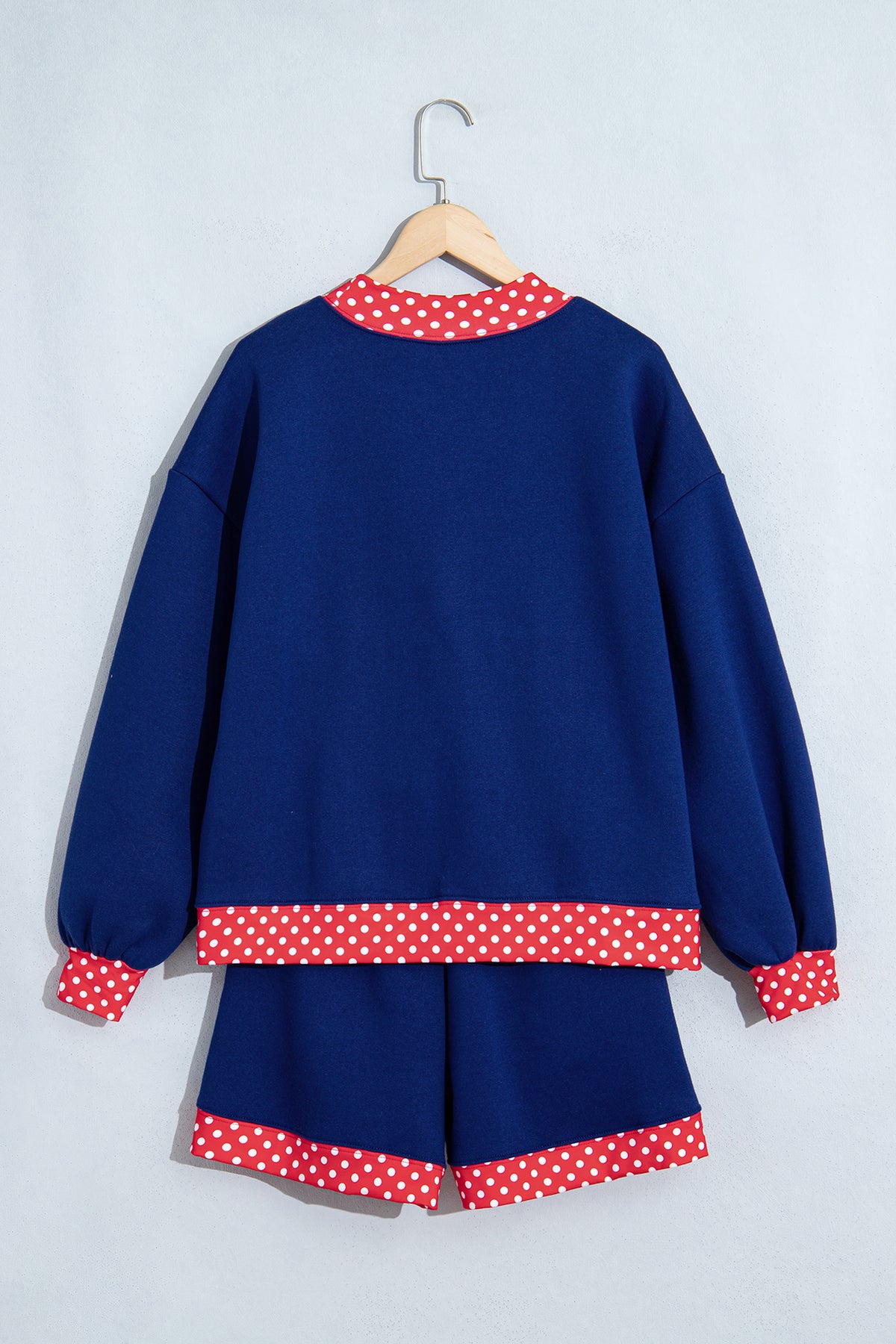Navy Blue Polka Dot Trim Baggy Pullover 2pcs Short Set