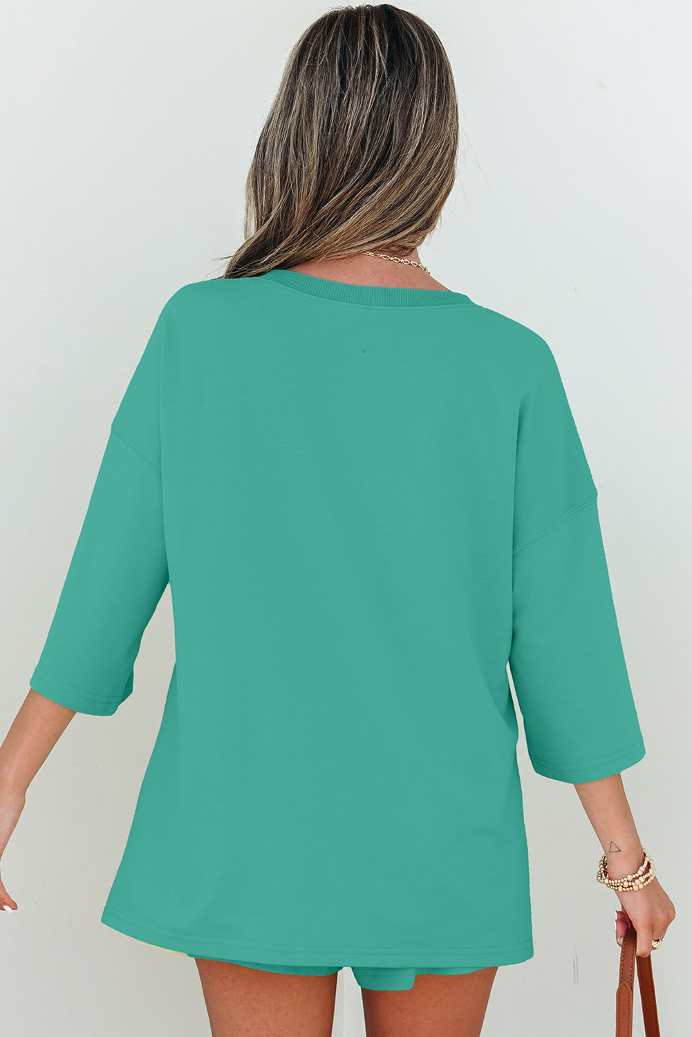 Bonbon Solid Loose V Neck Half Sleeve Tee and Shorts