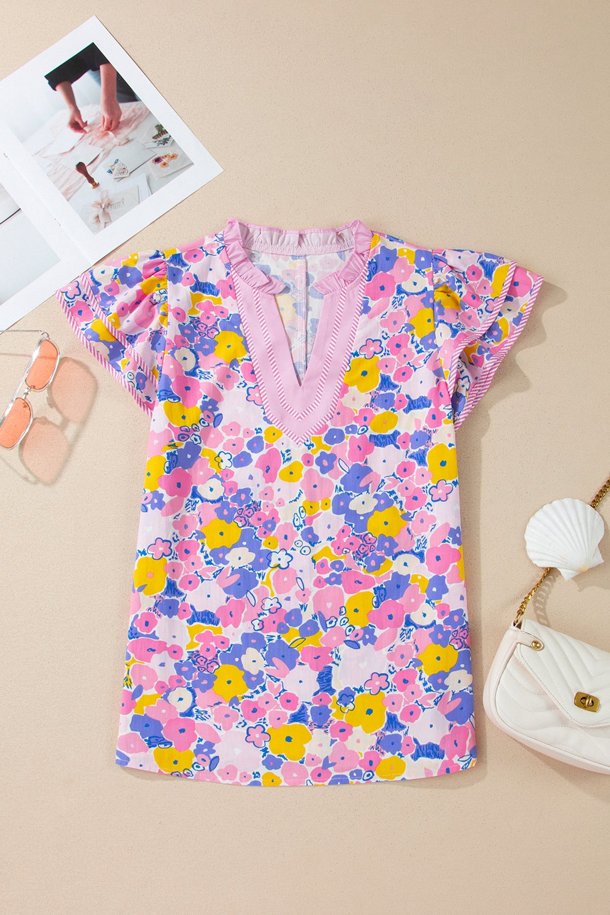 Pink Playful Floral Print Striped Color Block Patchwork V Neck Flutter Sleeve Blouse