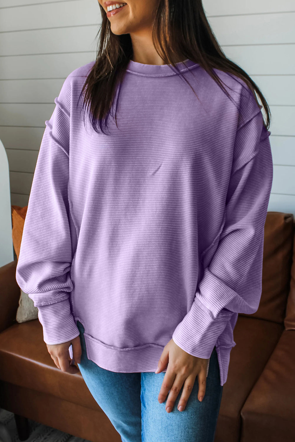 Pink Horizontal Ribbed Exposed Seam Detail Drop Shoulder Baggy Pullover