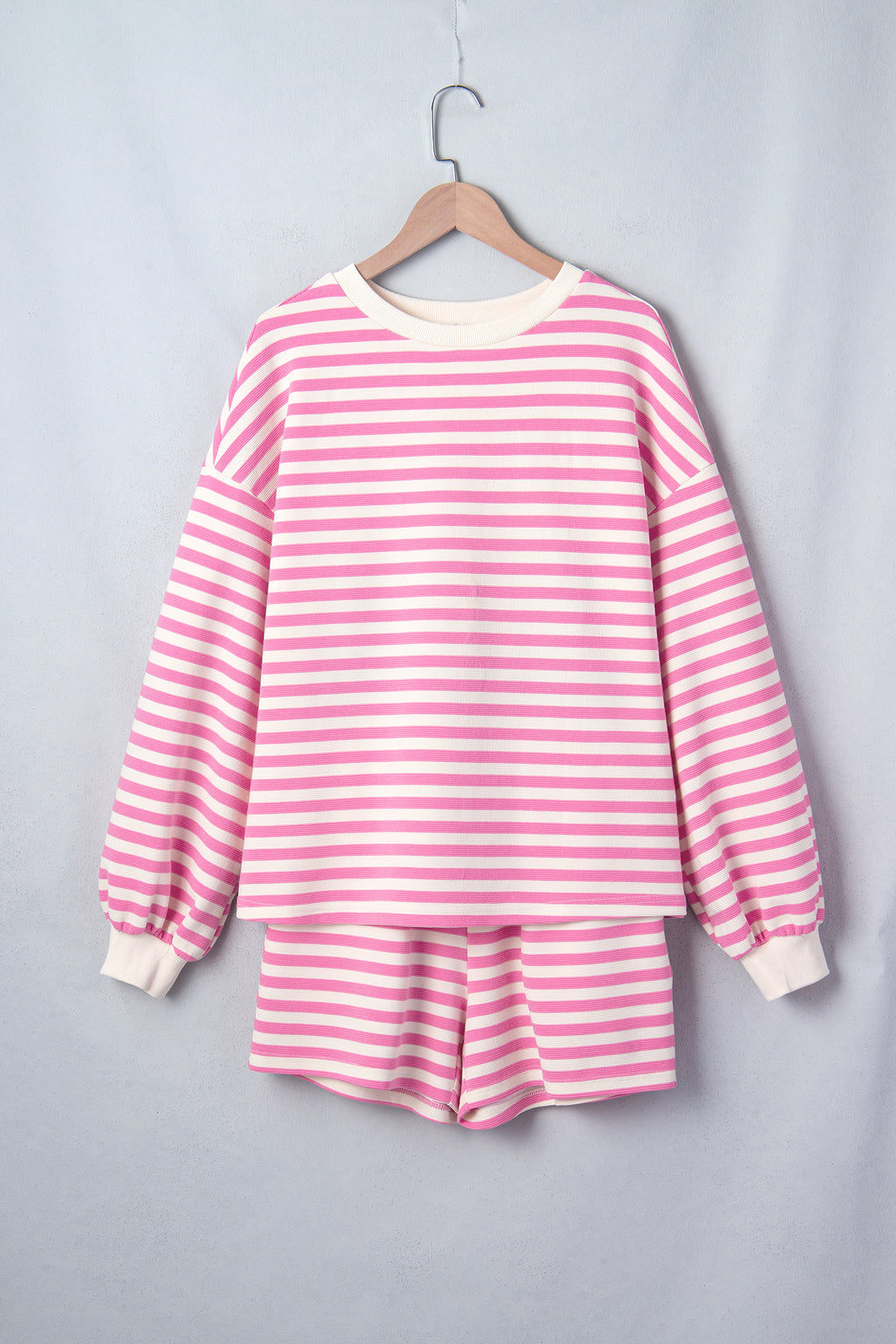Pink Striped Long Sleeve Shorts Set