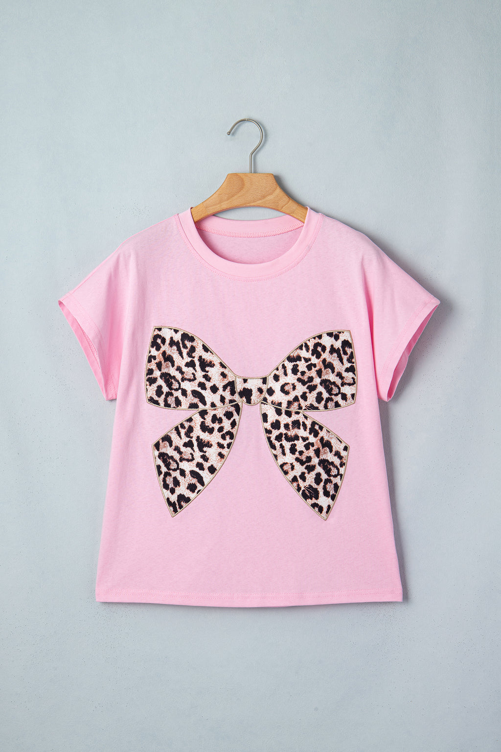 Pink Leopard Bow Embroidered Cotton Round Neck T Shirt