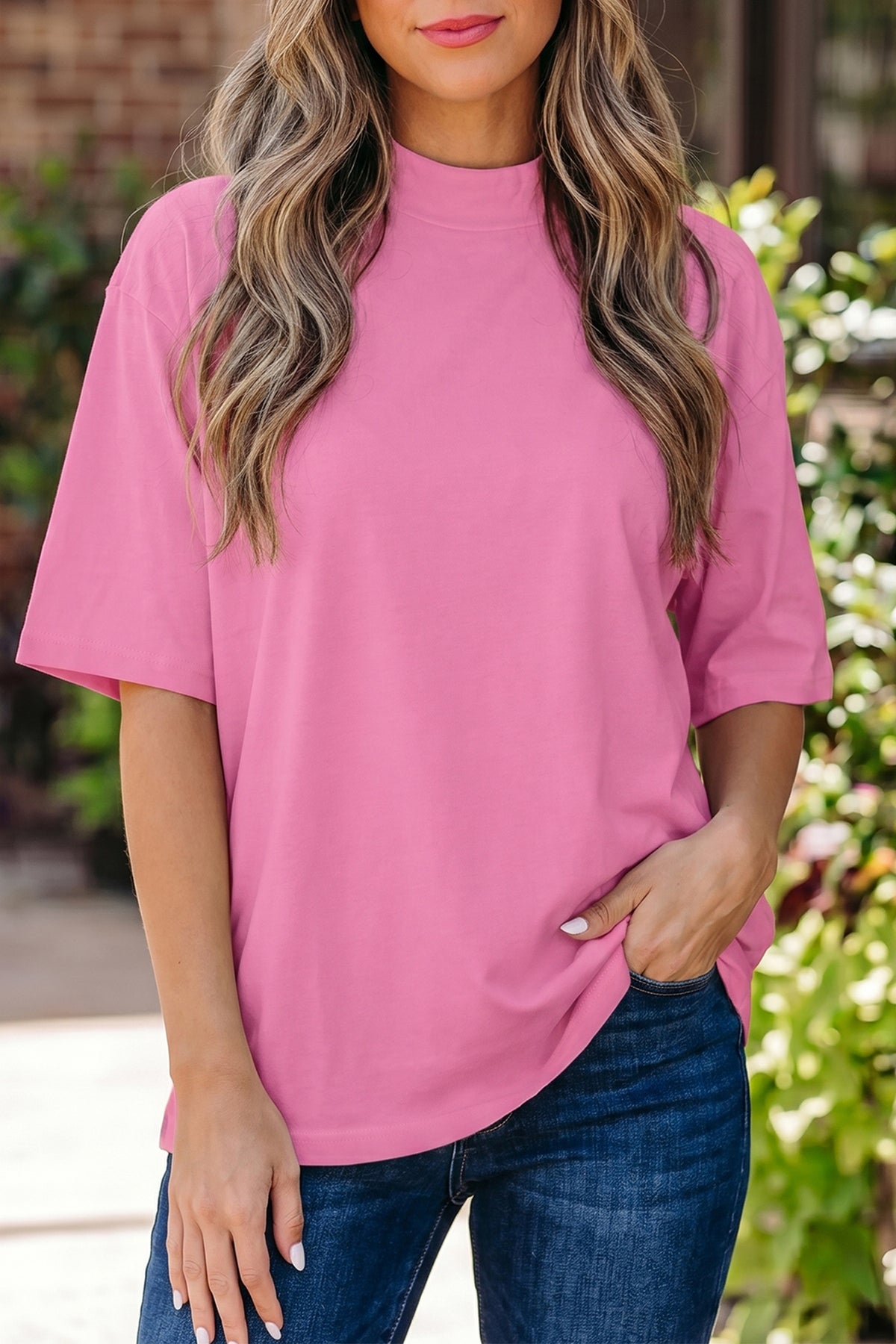 Pink Solid Color High Neck Oversize Tee