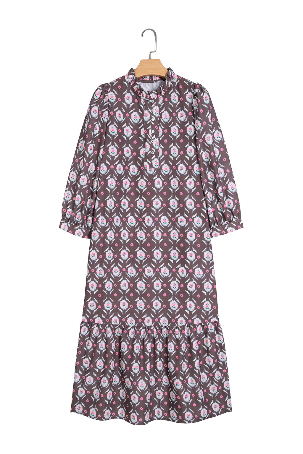 Brown Floral Print Button Front Ruffle Hem Midi Dress