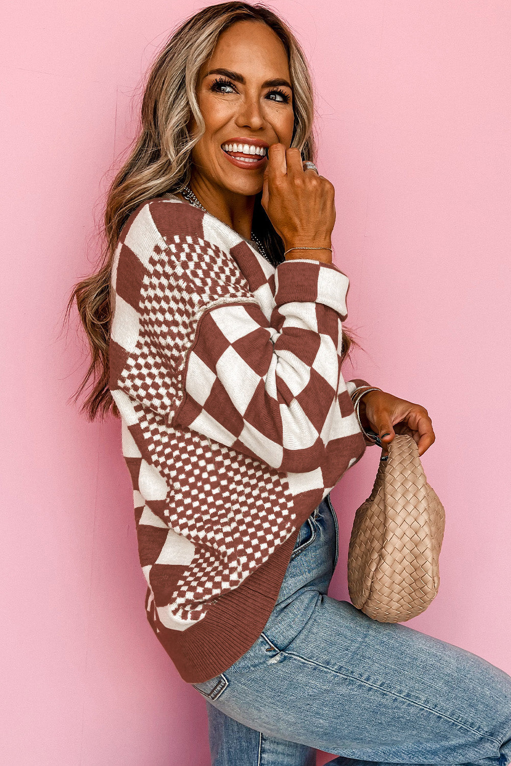 Khaki Checkered Print Sweater